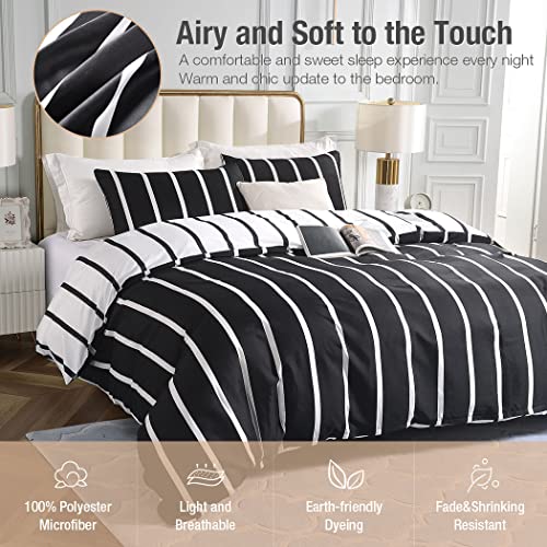 Lekesky Duvet Cover Queen Size, 3 Pcs 100% Microfiber Striped Duvet Cover Set,Super Soft Black White Printed Reversible Design Zipper Comforter Cover With Ties And 2 Pillowcases (Queen, Stripe) #TOP2
