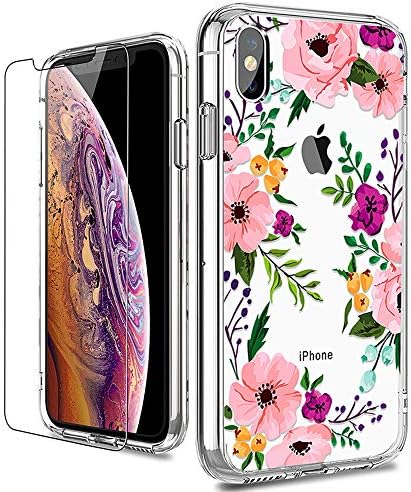 LUHOURI iPhone X Case, Clear iPhone X/Xs Case with Glass Screen Protector, Girls Women Floral Heavy Duty Protective Hard PC Back Case with Ultra-Thin Shockproof Slim TPU Bumper 10 Case 5.8-inch