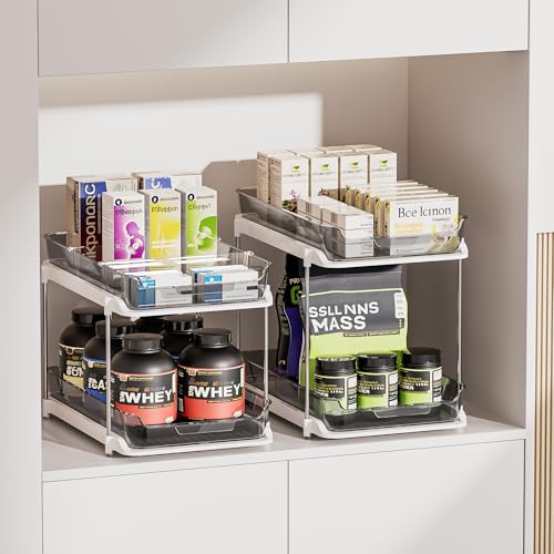 Delamu 2 Sets of 2-Tier Multi-Purpose Bathroom Under Sink Organizers and Storage, Stackable Kitchen Pantry Organization, Pull Out Medicine Cabinet Organizer with 8 Movable Dividers, Grey