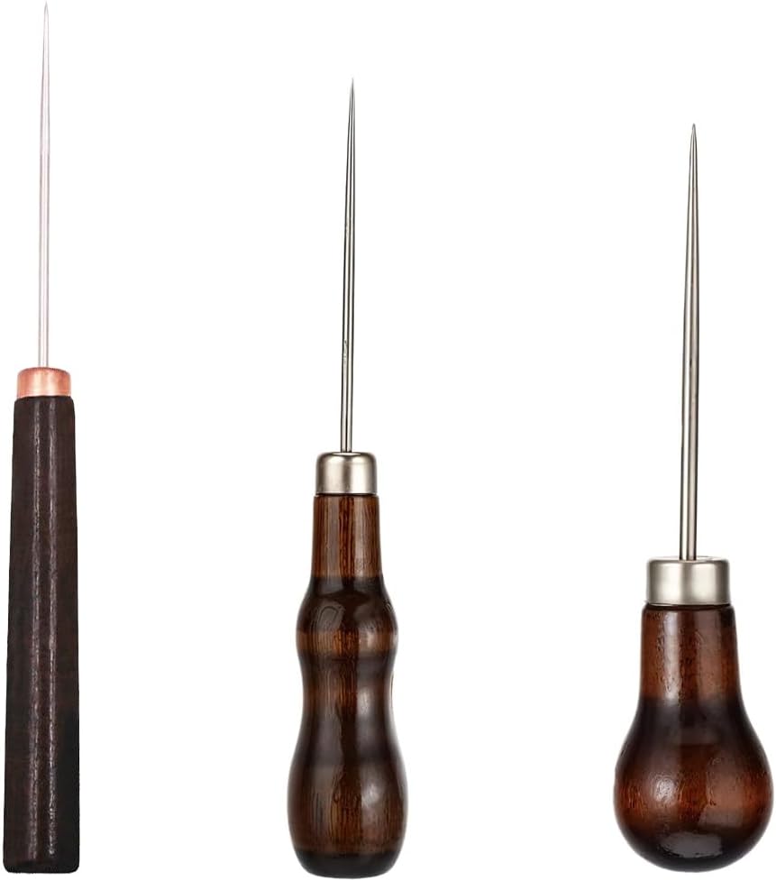3Pcs Awl Tool Set, Scratch Awl Tool with Wooden Handle, Gourd Shape Pin Punching for Leather Punch Hole Craft Repair Shoes Sewing Crochet DIY Handmade Stitch