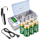 6 Packs D Rechargeble Batteries with Charger for C D 9V AA AAA Battery丨Discharge Function丨3 Batteries Box and Car Charger Cable