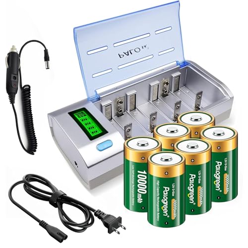 Palogreen D Cells 10000mAh Rechargeable Batteries 6-Pack with Universal Charger