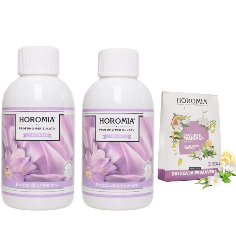 Horomia set 2 Profumatori liquidi per bucato essenza Brezza di Primavera ml.500 e sacchetti profumati