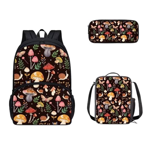 Zaino scolastico da con portapranzo e custodia per matite set per bambini e scuole medie molte tasche Farfalla di funghi 17 pollici