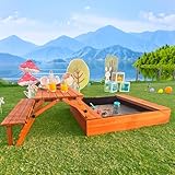 FunXplore Wooden Kids Sandbox with Lid Sand Box with Cover Outdoor Sand Pit with Picnic Table Ages 4-8 Bottom Liner