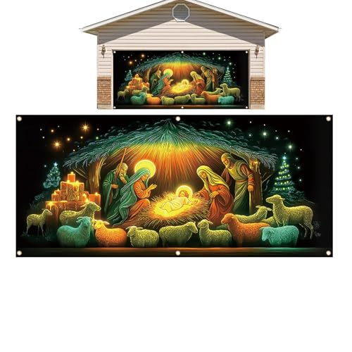 Porte de Noël scène fluorescente avec Jésus pour déco extérieur