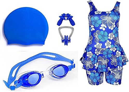 Poftik  Girls Swimming Kit with Swimming Costume Swimming Goggles Silicone Swimming Cap 1 Nose Clip 2 Ear Plugs Girls Swimming Kit with Swimming Costume Swimming Goggles Silicone Swimming Cap 1 Nose Clip 2 Ear Plugs