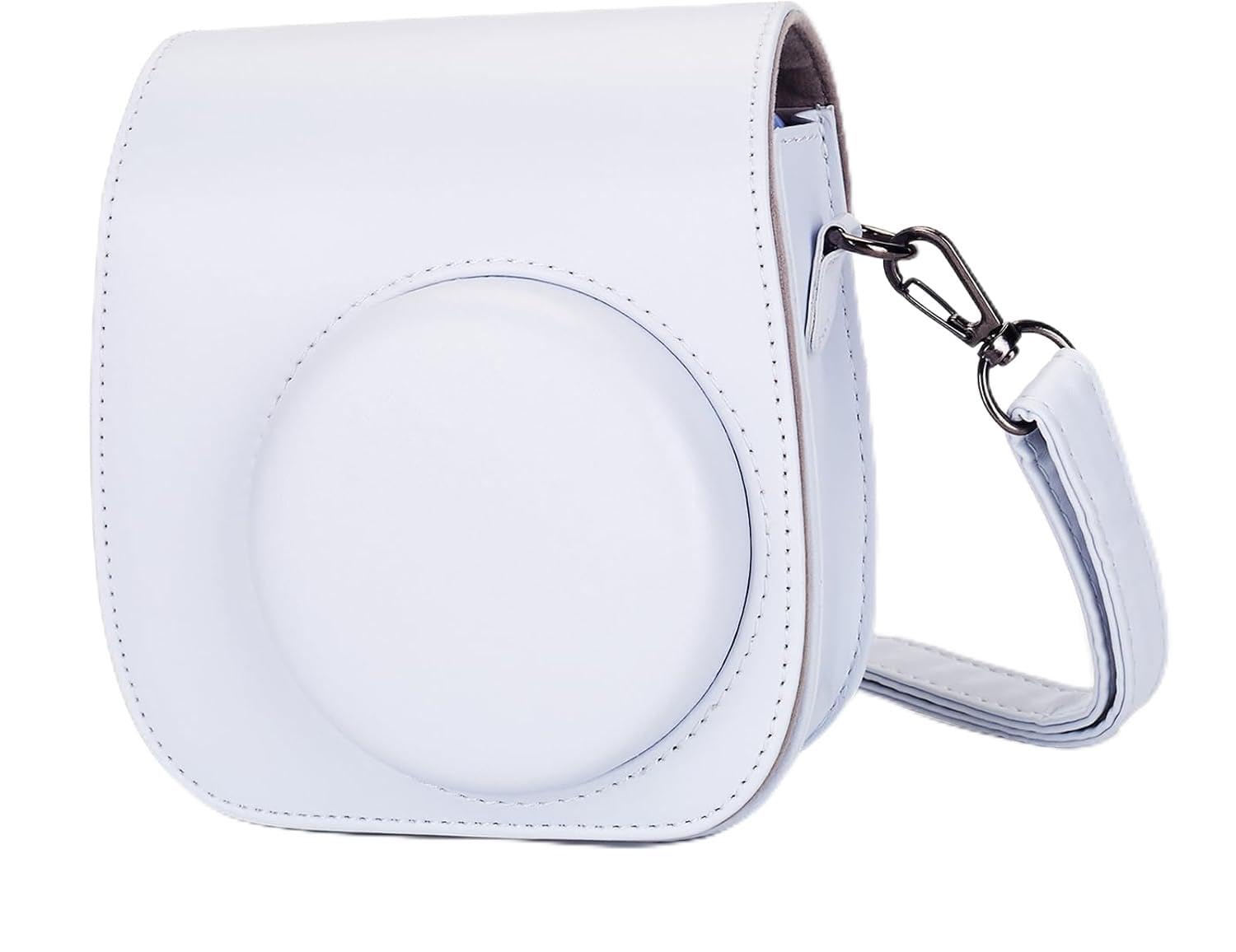 pu leather case for fujifilm instax mini 13 12 adjustable shoulder strap, front pocket, protective camera bag (clay white)