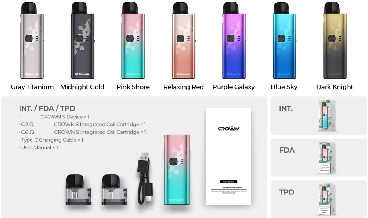 Uwell Crown S Pod System Kit package contents and color variants
