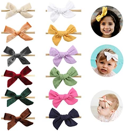 Handmade Stretchy Nylon Headband with Bows Pom Pom Bun 5.5 inch Big Hair Bow Headband for Infant Baby Girls-12pcs Velvet Bows