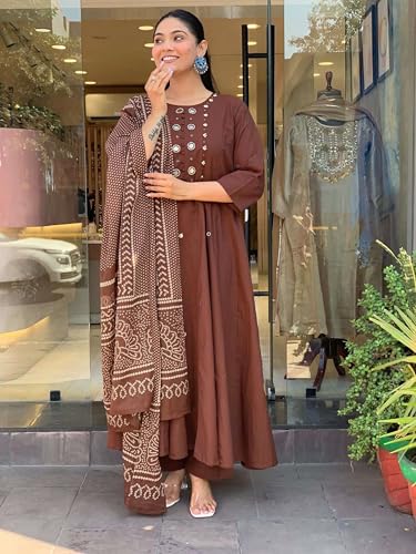 Image of ANNI Designer Kurta Set for Women Viscose Embroidered | A-Line Kurta Palazzo Dupatta Set for Woman | 3 /4 Sleeve Round Neck 3 Piece Ethnic Dress Stylish Coord Outfit Trendy Womens Clothing