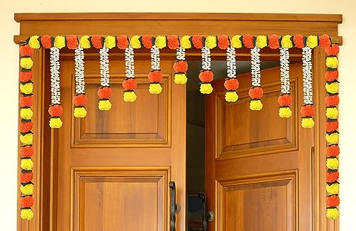Image of Tia Crafts Artificial Marigold Jasmine Garlands Flower Door toran Door hangings | Garlands for Home Decoration | bandanwar Door Flower toran (Marigold Jasmine Design 1)