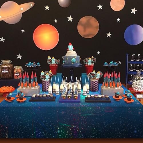 Image of 12Pcs Iridescent Space Tablecloths, Disposable Plastic Blue Galaxy Table Cloth Rectangle Table Covers for Space Starry Night Star Theme Party Birthday Party Decorations, 54x108 Inch