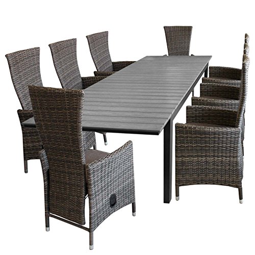 Multistore 2002 9tlg. Gartengarnitur Aluminium Polywood Ausziehtisch Gartentisch 280/220x95cm + 8X Gartensessel Polyrattan Rückenlehne stufenlos verstellbar Sitzgarnitur Sitzgruppe Gartenmöbel
