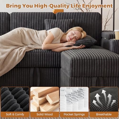100" Modular Sectional Sleeper Sofa with Pull Out Bed/Side Table/USB Charging/Storage Chaise, U Shaped Corduroy Sofa with Storage Armrests/Cup Holders, Comfy Convertible 7 Seat Cloud Couch, Grey — view 6