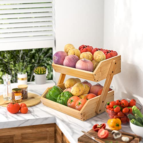 G.a Homefavor Large Bamboo Fruit Basket, 2-Tier Fruit Bowl For Kitchen Counter, Vegetable Storage Stand For Fruit Shop, 15 Mm Thickness (Self-Assembly) #TOP6