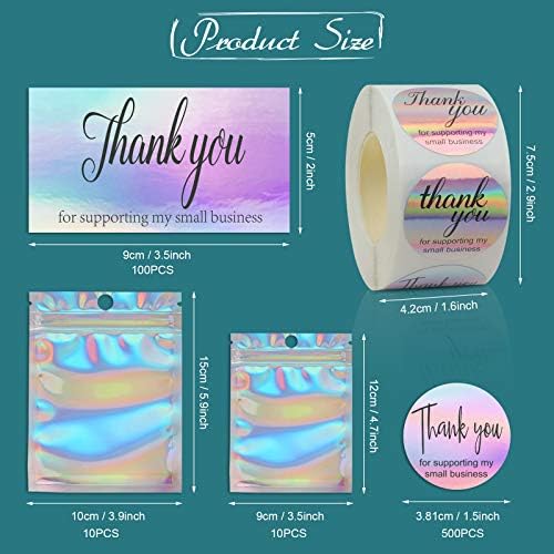 620PCS Thank You Card Set, 100PCS Holographic Silver Thank You for Supporting My Small Business Cards 500PCS 1.5 Thank You Stickers Resealable Smell Proof Bags for Business Owners