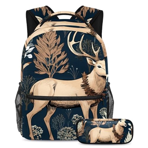 Zaino natalizio con alce e astuccio set di 2 zaini per la scuola per ragazzi ragazze adolescenti borsa per libri da viaggio per studenti Multicolore02 B:29.4x20x40cm P:19x7.5x3.8cm Zaini