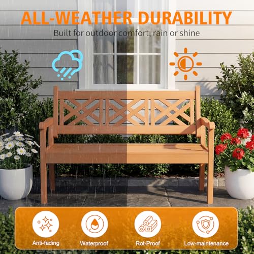 Image of Psilvam 54 inch Poly Lumber Outdoor Patio Bench Weatherproof, 3-Person (Teak)