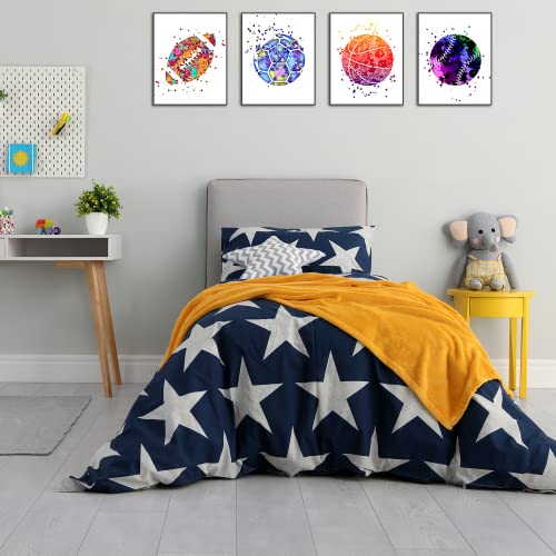 Boys Room Decor Sports Wall Art Football Baseball Soccer Basketball Poster Set Of 4 Unframed (8''X10'') Pictures For Kids Bedroom Playroom Home Decorations Sport Themed Nursery Painting Watercolor Ball Poster Boy Artwork #TOP3