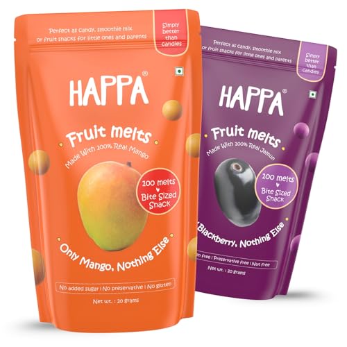 Image of Happa Mango & Jamun Melts | 100% Fruit Candy for Babies, Kids & Adults | No Added Sugar, No Colours, No Artificial Flavours | Melt-in-Mouth | 8M+ | Single Ingredient | 20g Pack of 2