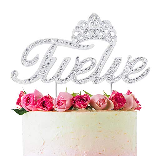 LINGTEER Twelve Birthday Cake Topper with Crown Sign | Silver Bling Crystal Rhinestone