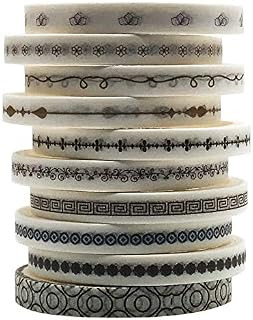 Vintage Pattern 5mm Wide Skinny Washi Tapes Set, ZMLSED 10 Rolls Minimalist Black White Japanese Masking Decorative Tapes for Bullet Journal Planners DIY Decor Crafts Arts Scrapbooking Adhesive
