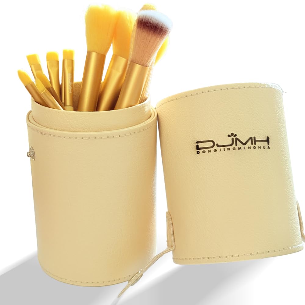 DJMH - Set di 13 pennelli da trucco con custodia, pennelli da trucco professionali con custodia in pelle (giallo)