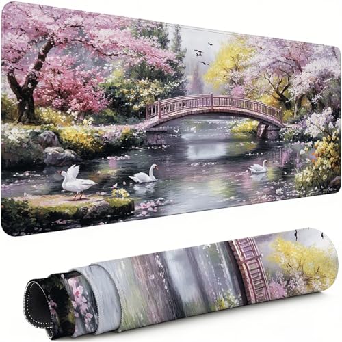 Podkładka pod mysz do gier, kwiaty wiśni, rozszerzona podkładka pod mysz, 1200 x 600 x 3 mm, antypoślizgowa, duża, miękka, gładka powierzchnia, podkładka pod klawiaturę, mały mostek, ulepszona
