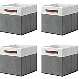 11'x11' Storage Cubes, 4 Pack Storage Cube Bins with Leather Handles Fabric Closet Cube Storage Organizer, Decorative Storage Boxes for Organizing Clothes, Cloth Baskets for Shelves (White&Grey)