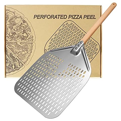 Pizza Peel 12 Inch, Pizza Paddle with Anodized Aluminum, Non Stick Pizza Shovel, Perforated Pizza Peel Hangable Long Wooden Handle Perfect for Home-Made or Professional Bakery Baking Pizza and Bread Cover