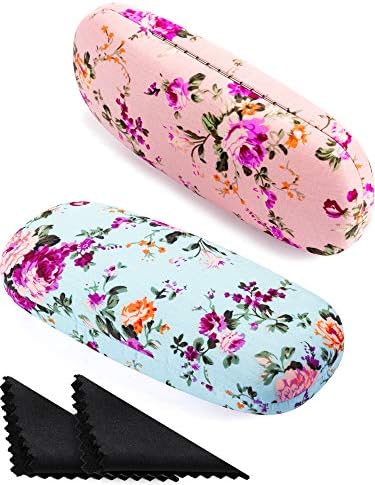 Weewooday 2 Pieces Glasses Case Hard Shell Eyeglass Case for Women Flower Fabrics Floral Retro Portable Eye Glass Case Box for Glasses (Pink, Blue)