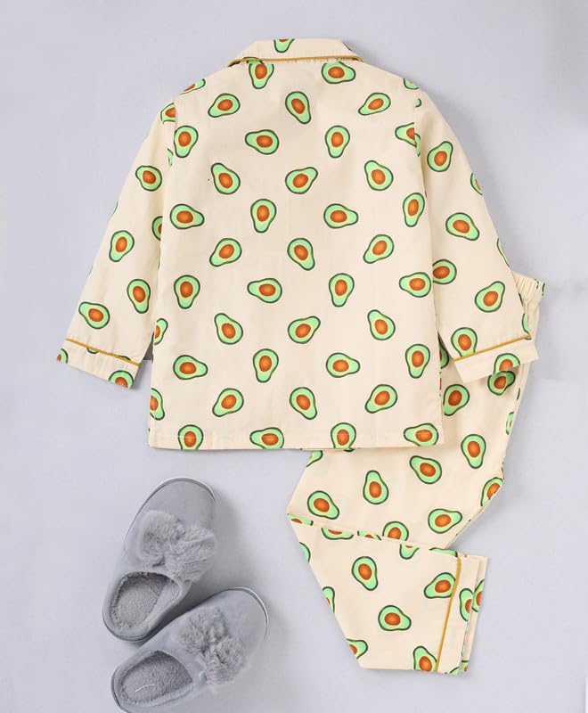 Image of Girls Premium Cotton Full Sleeves Printed Nightsuit Set | Collar Style Night Dress for Girls | Soft & Breathable Pajama Set | Trendy Kids Sleepwear & Nightwear