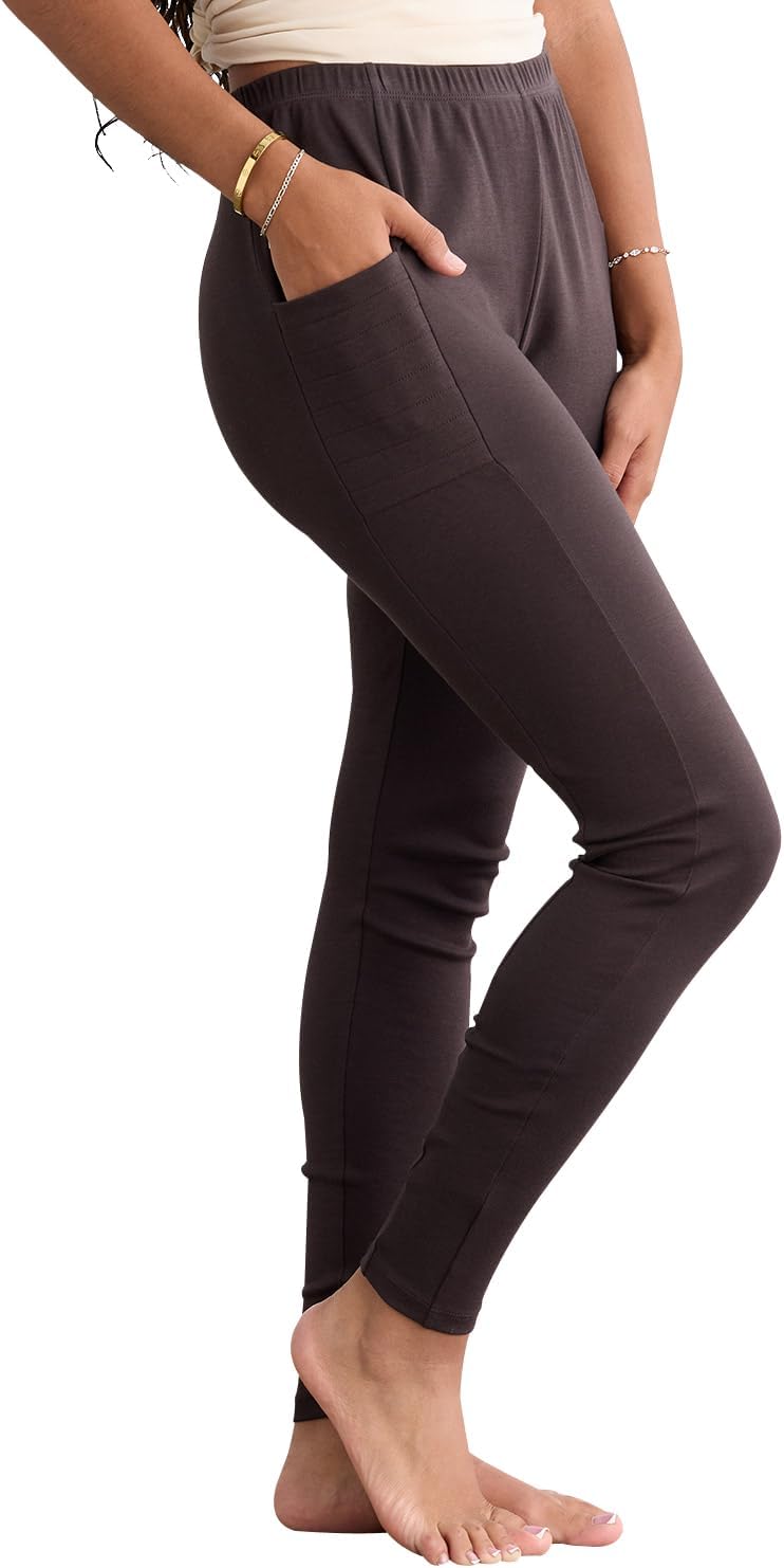 Fair Indigo Women's 100% Organic Pima Cotton Leggings Pants with Pocket - 30" Inseam