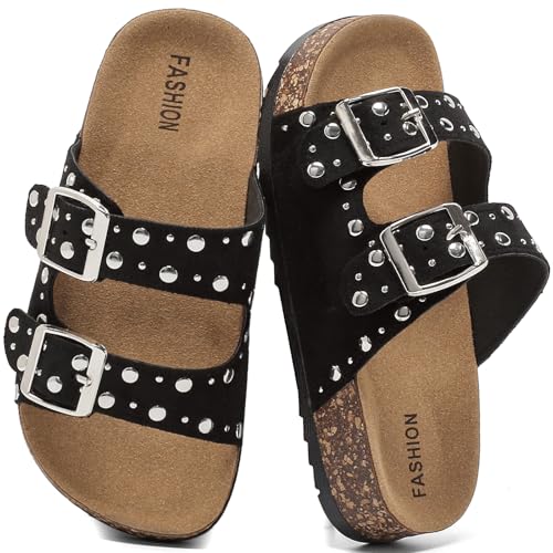 Kids Cork Footbed Sandals Boys Girls Fashion Studded Double Buckle Slide Sandals Adjustable Strap Flat Mules Non Slip Open-Toe Beach Slides Comfort Walking Sandals Summer Shoes Indoor Outdoor Slippers
