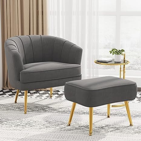 Poppins HOME Exclusive Furniture Velvet Accent Chairs for Living Room Bedroom Office Upholstered Single Sofa Chair Arm Chair Comfy Chair Reading Chair with Metal Legs (Grey, With Ottoman)