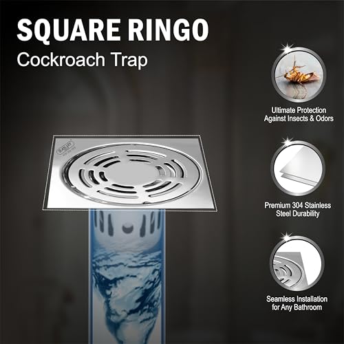 Image of Square Ringo SS Floor Drain Cockroach Trap 304 Grade for Bathroom Gratings Waste Water Drainer Strainer Kitchen Washbasin Sink Bathtub, Laundry & Toilet (Square Ringo 4x4 INCH Silver)
