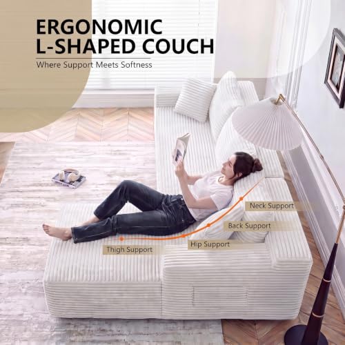 Image of 94.5 inch L Shaped Boneless Sectional Corduroy Couches for Living Room (White)