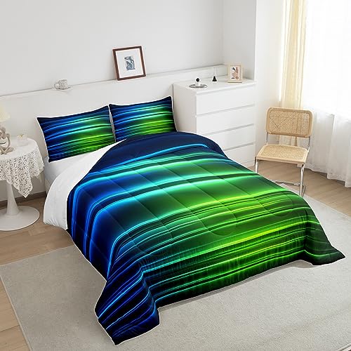 Image of Feelyou Blue Green Ombre Bedding Set King for Kids Toddler, Blue Green and Black Comforter Gradient Lines Comforter Set Geometric Abstract Ombre Duvet Set Lightweight Quilt Set