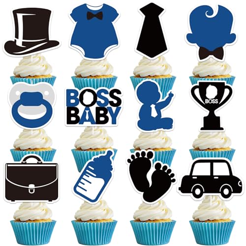 VorkiVecKi Baby Shower Cupcake Toppers - 24 Pcs Cute Boss Happy Birthday Decorations for Boys 1st Black Edible Gender Reveal Cake Supplies for Kids Blue First Party Paper Dessert Insert Picks Decors