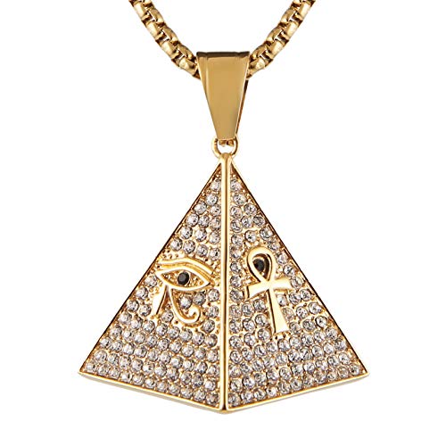 AsAlways 18K Gold Plated Pyramid Necklace for Men Stainless Steel Cubic Zirconia Coptic Ankh Cross Eye of Horus Ancient Egypt Pendant Necklace