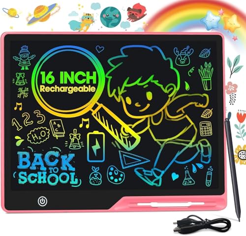 POPERFUN 16 Inch LCD Writing Tablet for Kids, Rechargeable Erasable Doodle Board Colorful Toddler Drawing Pad, Preschool Learning Toys Christmas Birthday Gift 3 4 5 6 7 Year Old Girls (Light Pink)
