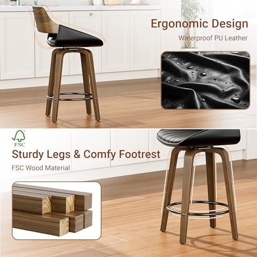 Image of YaFiti Bar Stools Set of 2, 26 inch Swivel Counter Height Barstools with Bentwood Back and Legs, Mid Century Modern Upholstered Faux Leather Counter Stools for Kitchen Island, Bar, Dining Room, Black
