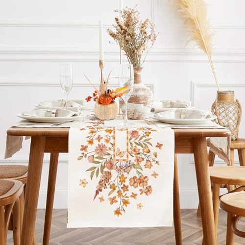 Image of Fall Floral Butterfly Table Runner Wildflower Burlap Table Runners, Autumn Harvest Thanksgiving Seasonal Coffee Table Center Decor for Home Kitchen Dining Party Indoor Outdoor 13x90 Inch