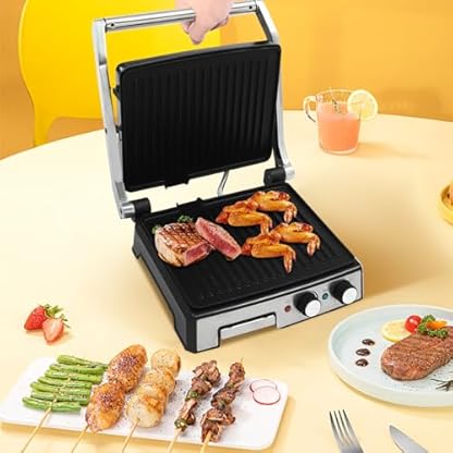 Kontaktgrill Panini Grill Toaster, 180-Grad-Öffnung Antihaftbeschichtung Plattengriller Toaster aus Edelstahl Panini Maker, 2800W Sandwichtoaster Toast Maschine, Einstellbare Temperatur – Bild 3