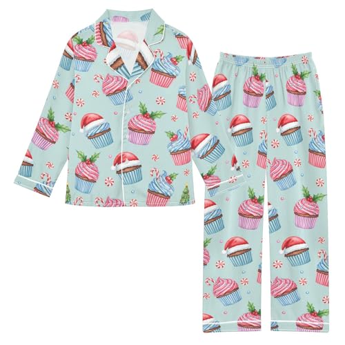 VIGTRO Christmas Cupcakes Candy Canes Satin Pajamas Set Long Sleeve