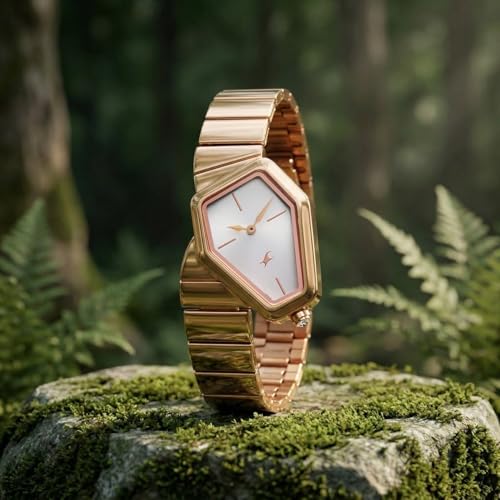 Image of Fastrack Wild Viper-Inspired Unique Shaped Silver Dial IP Rose Gold Stainless Steel Strap Watch for Women - 6323WM02