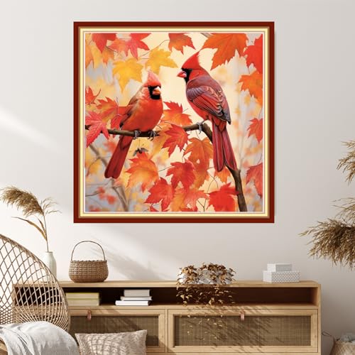 Image of Dimxvean Stamped Cross Stitch Kits,Cross Stitch Kits for Adults Beginners,Embroidery Kits Full Range of Cross Stitch Stamped Kits Needlepoint Kits Cross Stitch Patterns-Bird Red Maple Leaf 18x18 inch