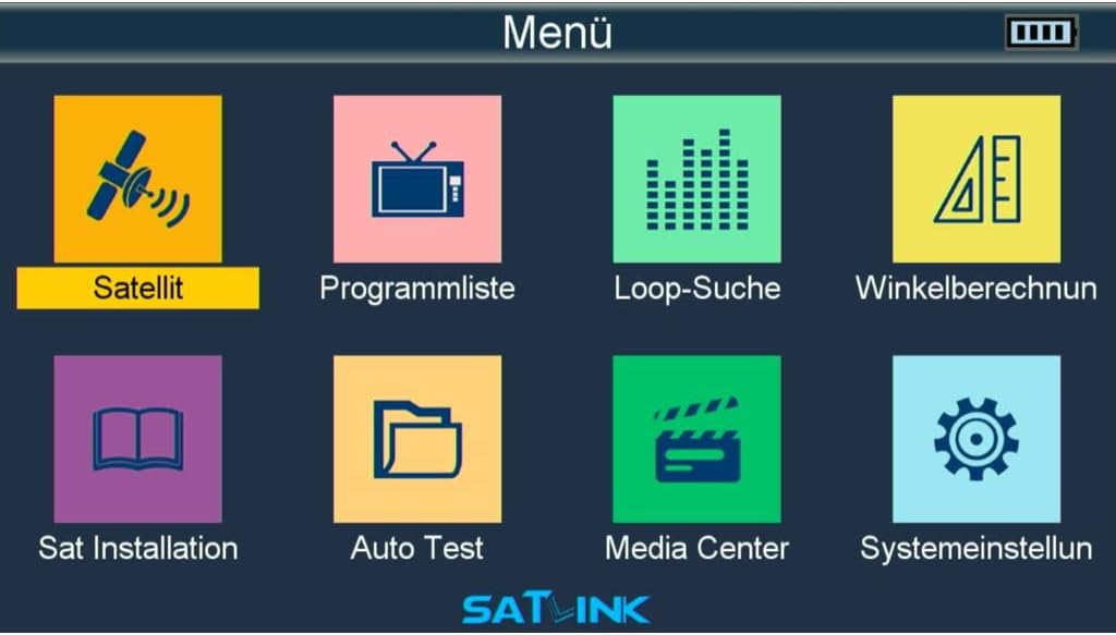 SATLINK WS 6916 main menu screen with icons for Satellite, Program List, Loop Search, Angle Calculation, Sat Installation, Auto Test, Media Center, and System Settings.