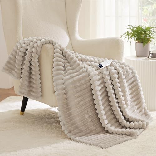 Image of Bedsure Heated Blanket Electric Throw - Thick Striped Flannel Electric Blanket, Heating with 4 Time Settings, 6 Heat Settings, and 3-Hour Timer Auto Shut Off, Gift for Grandma (50x60 inches, Linen)